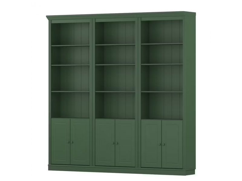 Kit três estantes Biblioteca com portas e escada, acabamento na cor verde | Coleção Biblioteca